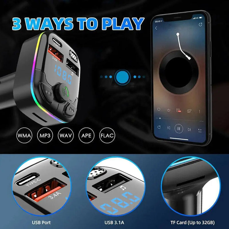 Transmissor FM para carro, player modulador mãos livres MP3, Bluetooth 5.0, USB