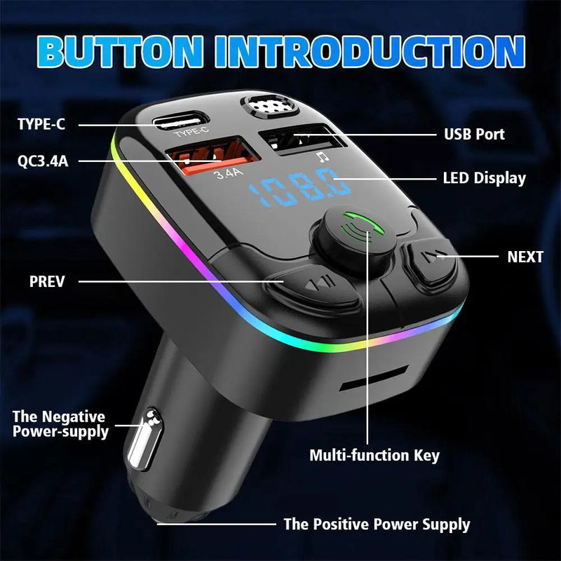 Transmissor FM para carro, player modulador mãos livres MP3, Bluetooth 5.0, USB